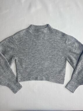 Topshop Gray Cropped Mock Neck Knit Sweater Women's XS Balloon Sleeve